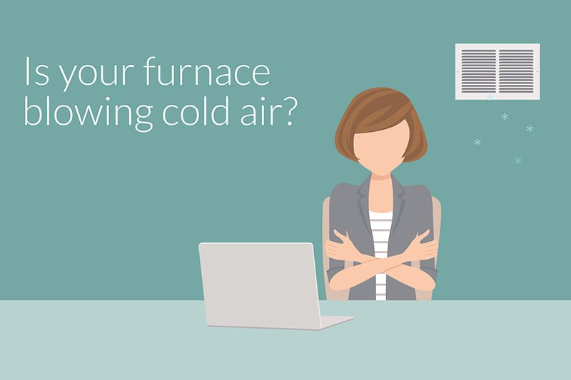 An illustration of a frustrated woman in front of a laptop. Why Is My Furnace Blowing Cold Air?